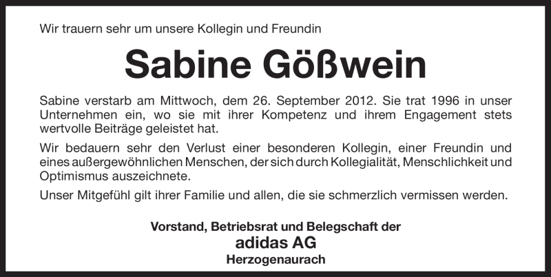  Traueranzeige für Sabine Gößwein vom 29.09.2012 aus Pegnitz-Zeitung